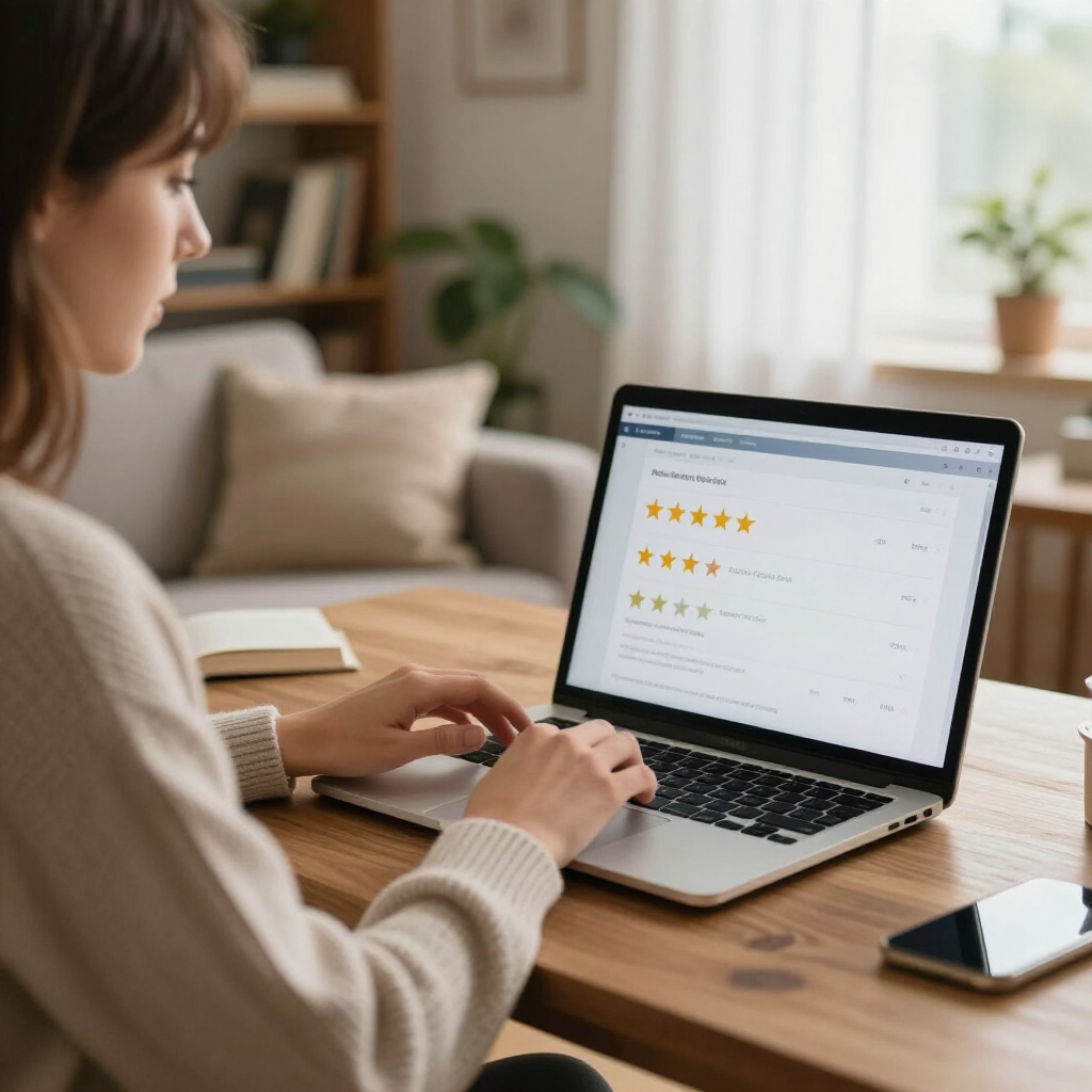 Eine Person arbeitet an einem Laptop an einem Holzschreibtisch in einem gemütlichen Heimbüro und überprüft eine Fünf-Sterne-Kundenbewertungsoberfläche.
