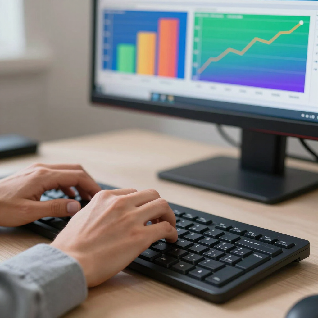 Hände tippen auf einer Computertastatur vor einem Bildschirm, auf dem farbenfrohe Balken- und Liniendiagramme angezeigt werden.