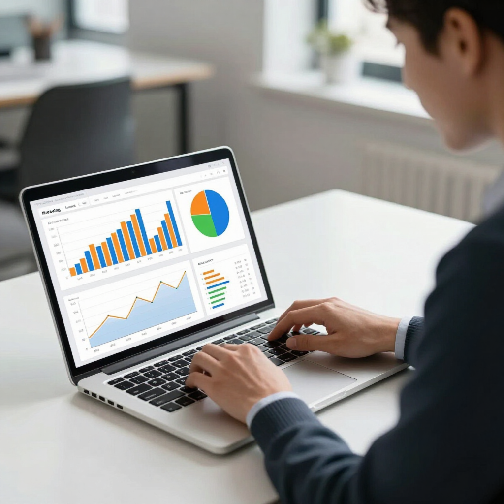 Eine Person sitzt an einem weißen Schreibtisch und arbeitet an einem Laptop, auf dem verschiedene Diagramme und Grafiken mit Geschäftsdaten angezeigt werden.