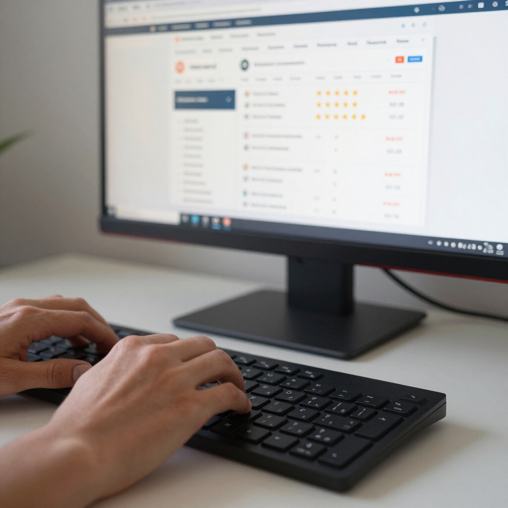 Nahaufnahme von Händen, die auf einer schwarzen Computertastatur vor einem Monitor tippen, auf dem eine Softwareoberfläche angezeigt wird.