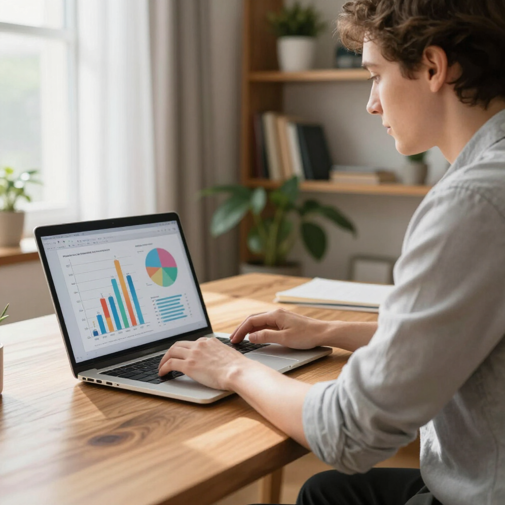 In einem hellen, modernen Raum sitzt eine Person an einem Holzschreibtisch und arbeitet an einem Laptop, auf dem farbenfrohe Balken- und Tortendiagramme angezeigt werden.