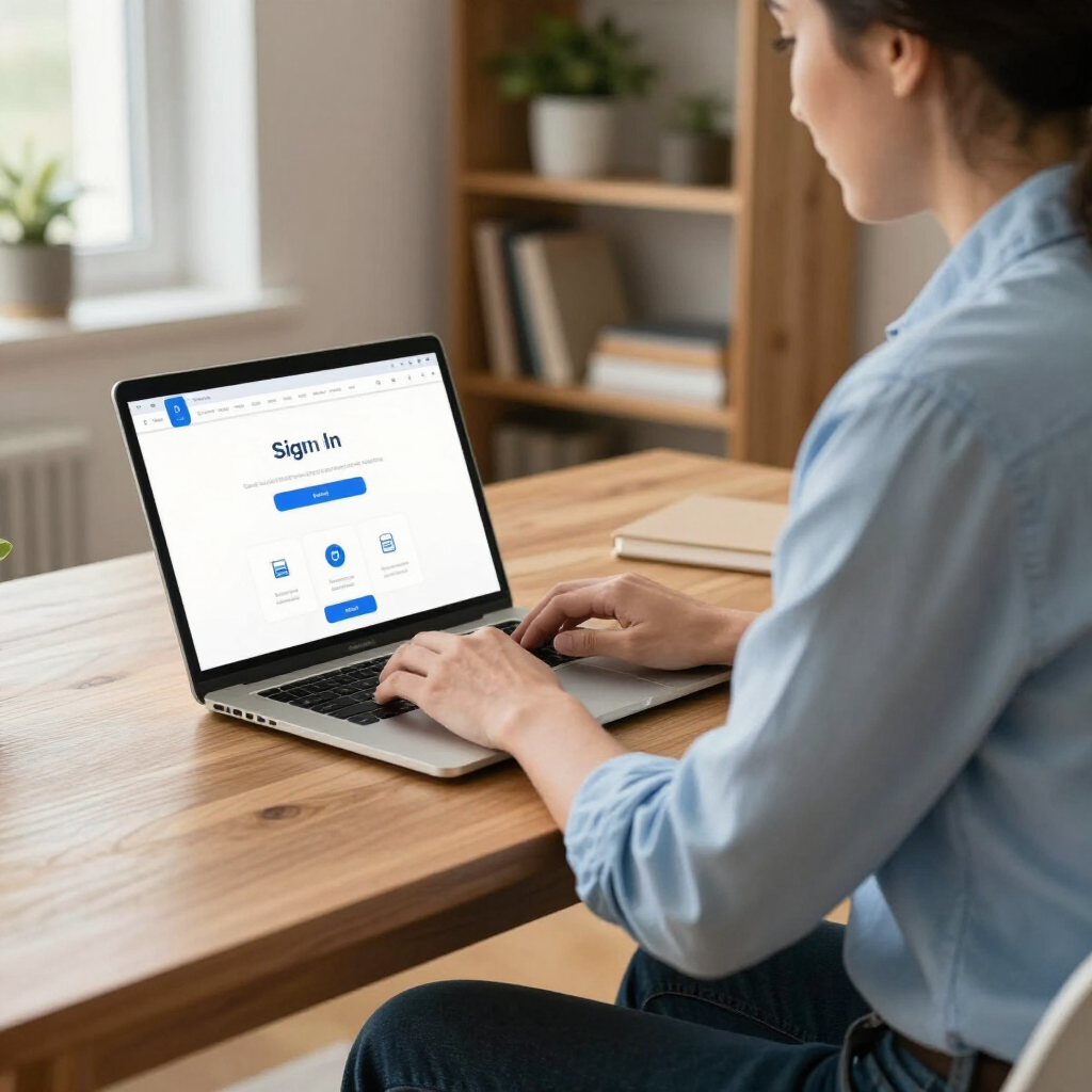 Eine Person sitzt an einem Holzschreibtisch und benutzt einen Laptop mit Anmeldebildschirm in einem hellen, modernen Büroraum.