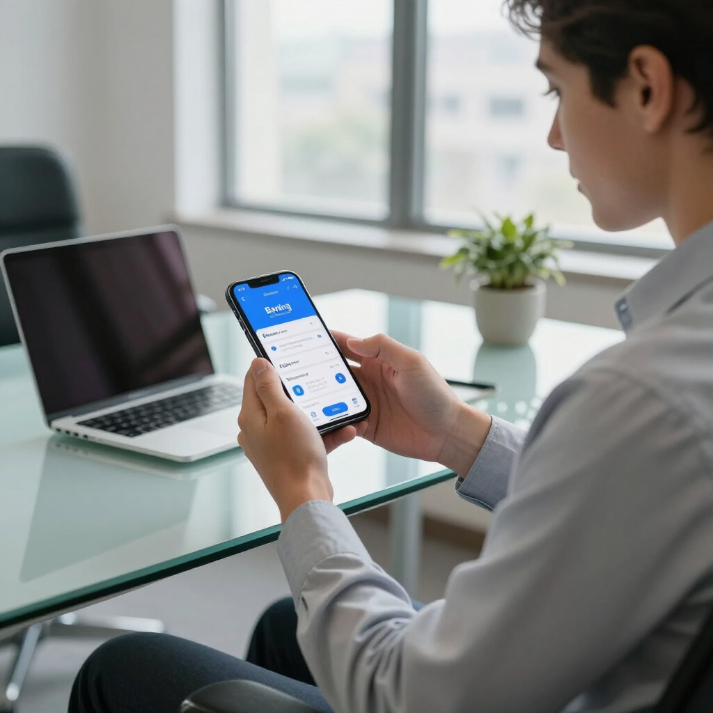 Eine Person in einem hellgrauen Hemd hält ein Smartphone mit blauer App-Oberfläche an einem Glastisch neben einem Laptop und einer kleinen Pflanze.