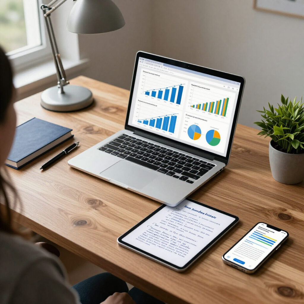 Eine Person arbeitet an einem Holzschreibtisch mit einem Laptop, auf dem Geschäftsdiagramme angezeigt werden, einem Tablet mit Texten, einem Telefon und einer Topfpflanze.