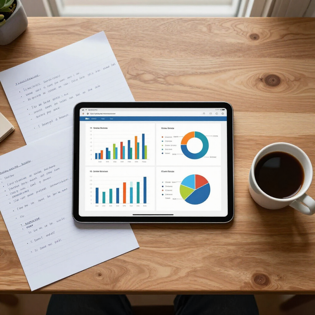 Auf einem Holzschreibtisch steht ein Tablet mit Diagrammen zu Geschäftsdaten neben handgeschriebenen Notizen und einer Tasse schwarzem Kaffee.