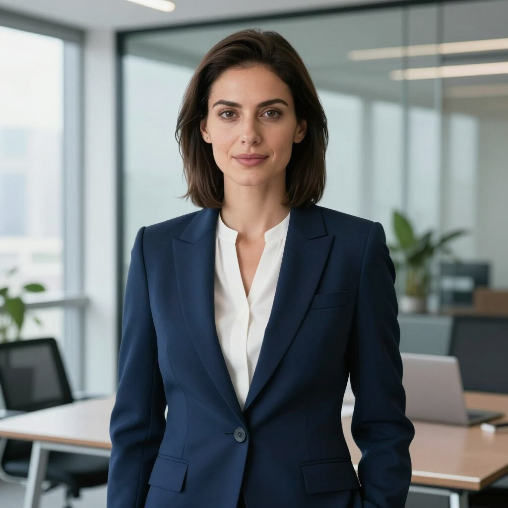 Ein Geschäftsmann in einem dunkelblauen Anzug und weißem Hemd steht in einem hellen, modernen Büro.