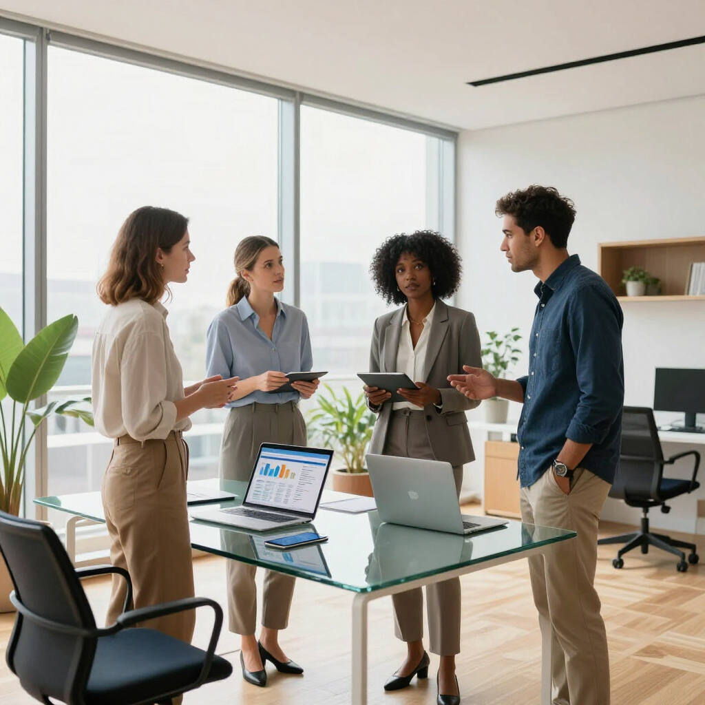 Vier Kollegen saßen um einen Glastisch in einem modernen, sonnendurchfluteten Büro und besprachen Geschäftsdiagramme auf einem Laptop.
