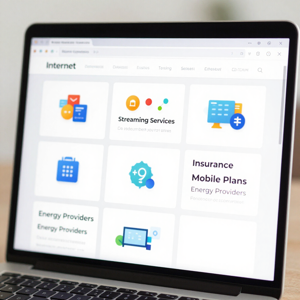 Auf dem Bildschirm eines Laptops wird eine Weboberfläche mit Symbolen und Textkategorien wie Streaming-Dienste und Versicherungen angezeigt.