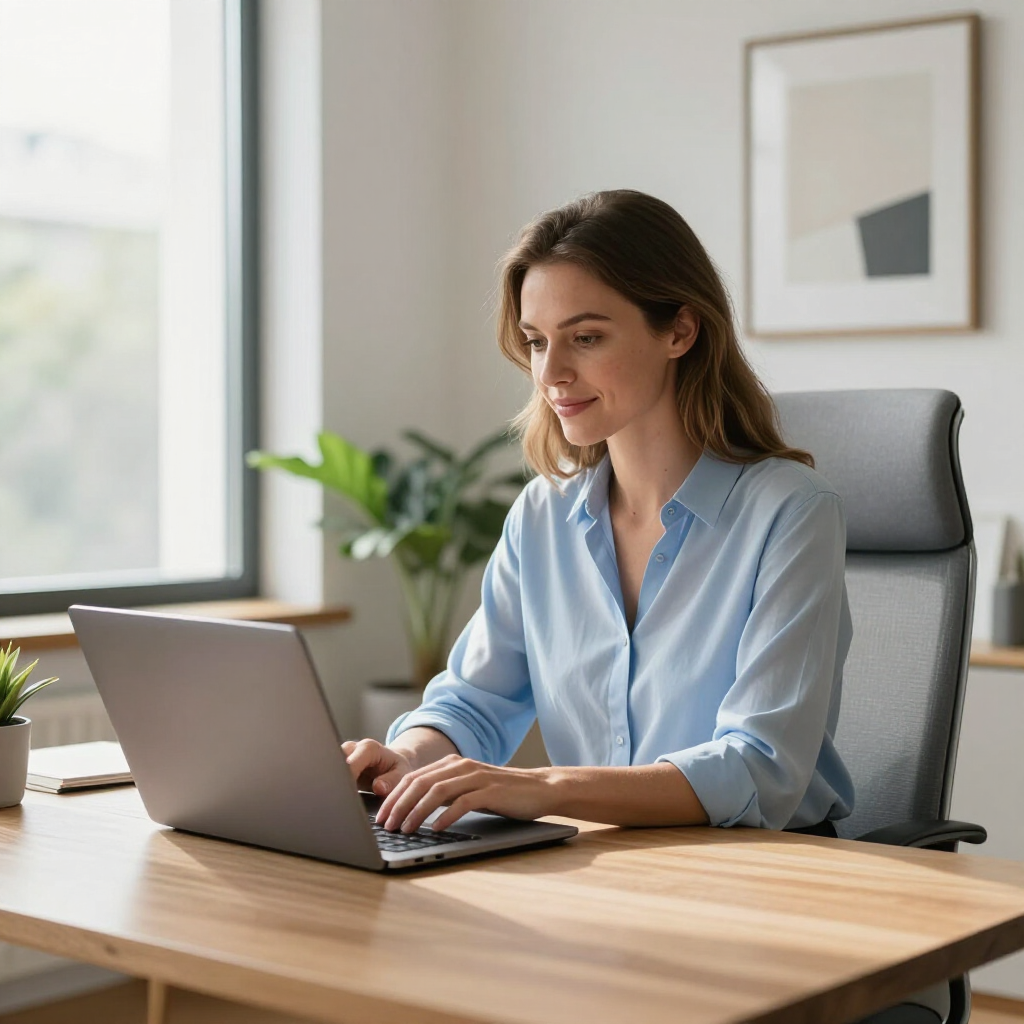 Eine Person in einem hellblauen Hemd arbeitet an einem Laptop an einem Holzschreibtisch in einem hellen, modernen Büro mit einer Pflanze.