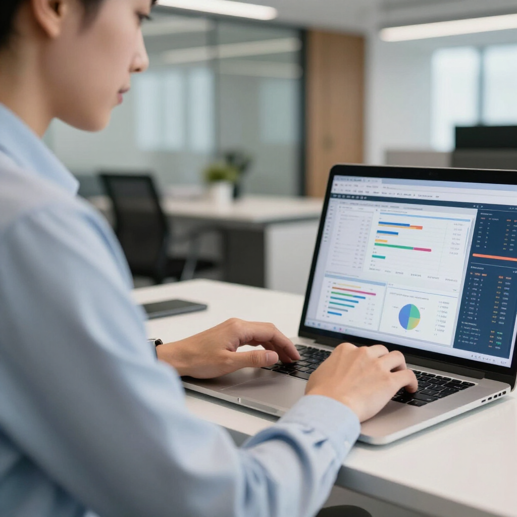 Eine Person in einem hellblauen Hemd arbeitet in einem modernen, gut beleuchteten Büro an einem Laptop, auf dem Datendiagramme angezeigt werden.