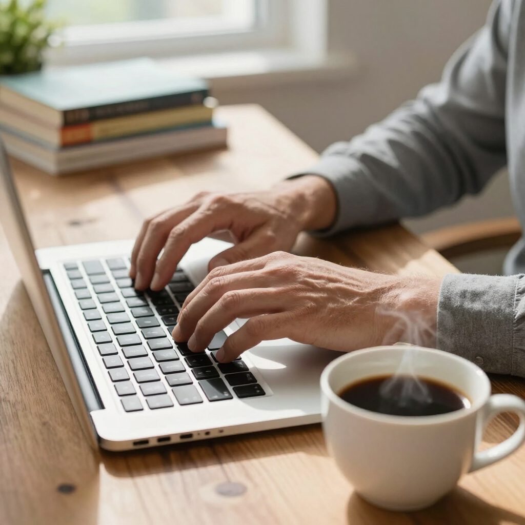 Eine Person tippt an einem Holzschreibtisch auf einem Laptop; daneben stehen ein Stapel Bücher und eine dampfende Tasse Kaffee.