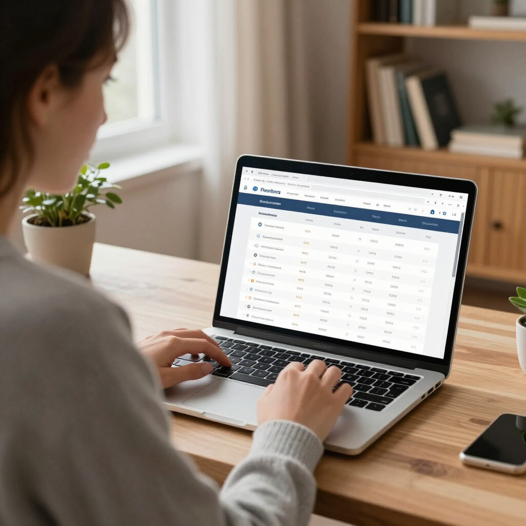 Eine Person arbeitet an einem Laptop an einem Schreibtisch neben einer Pflanze und zeigt eine Datentabelle auf dem Bildschirm an.