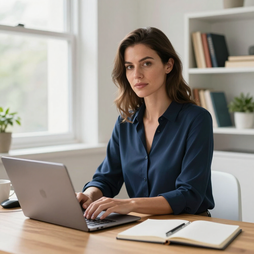 Eine Person in einem dunkelblauen Hemd tippt auf einem Laptop an einem Holzschreibtisch in einem hellen Büro; im Hintergrund ist ein Bücherregal zu sehen.