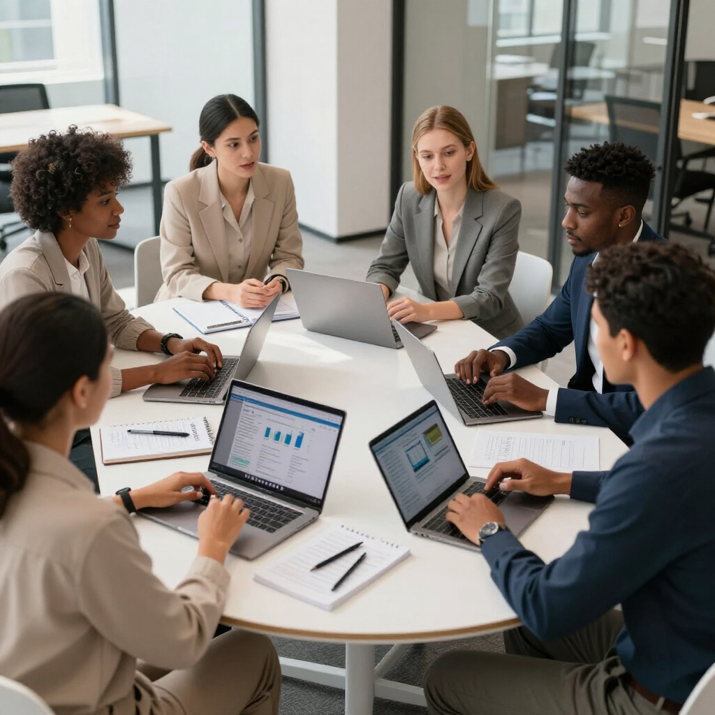 Eine Gruppe von Kollegen sitzt während einer Besprechung um einen runden Tisch in einem Büro und arbeitet an ihren Laptops.