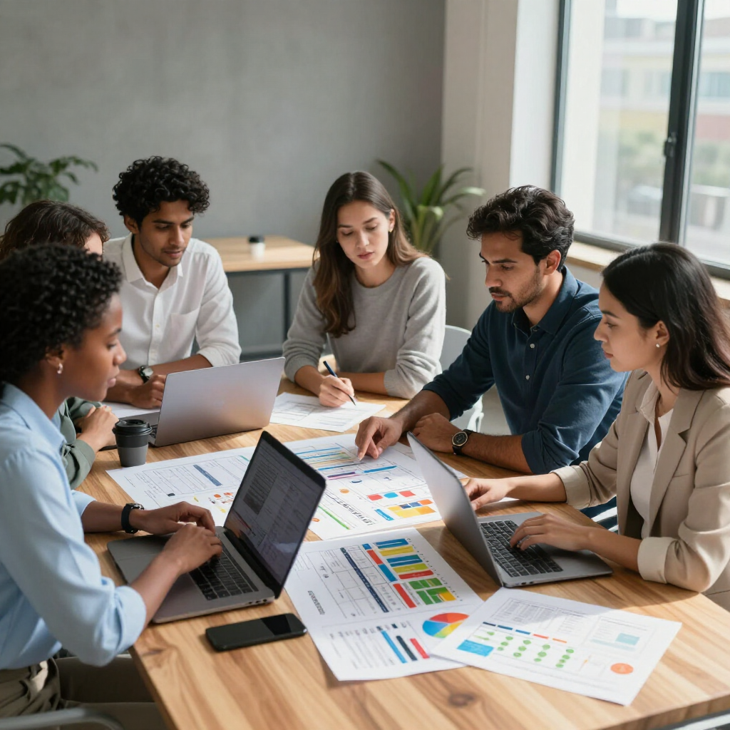 Eine bunt zusammengewürfelte Gruppe von Kollegen arbeitet um einen hölzernen Konferenztisch herum zusammen und sichtet Laptops und farbenfrohe Datendiagramme.