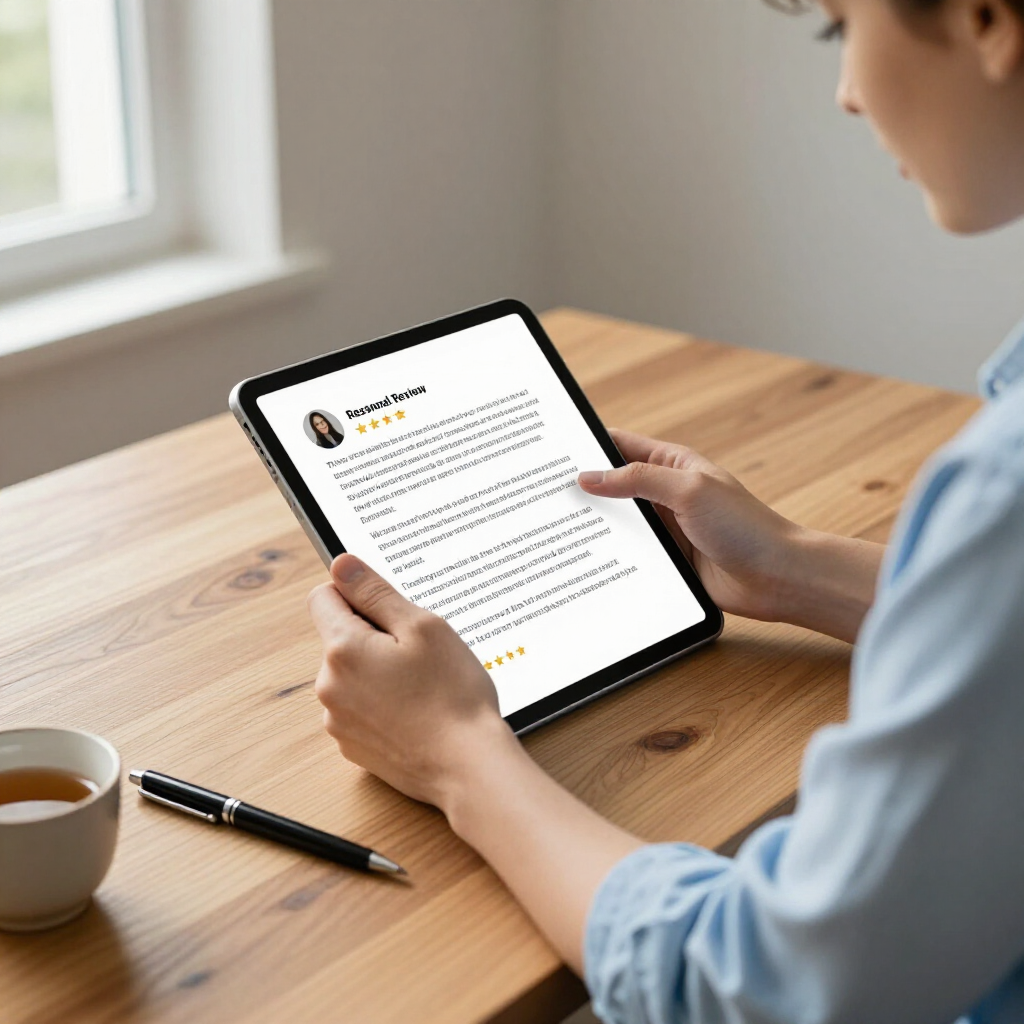 Eine Person in einem blauen Hemd hält an einem Holzschreibtisch neben einem Stift und einer Tasse Tee ein Tablet, auf dem eine Online-Produktrezension angezeigt wird.