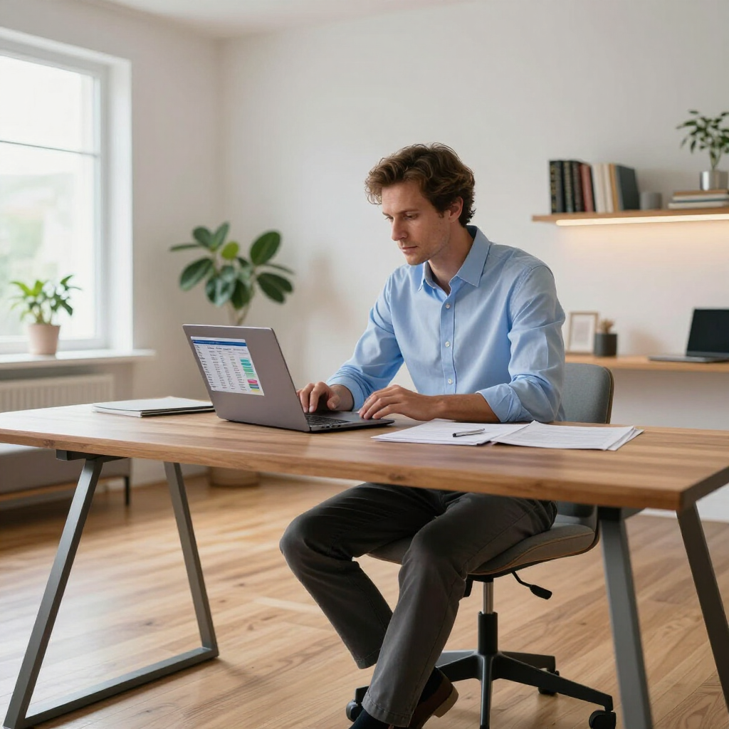 Ein Berufstätiger arbeitet an einem Laptop an einem Holzschreibtisch in einem hell erleuchteten, modernen Büro mit Pflanzen und einem Bücherregal.