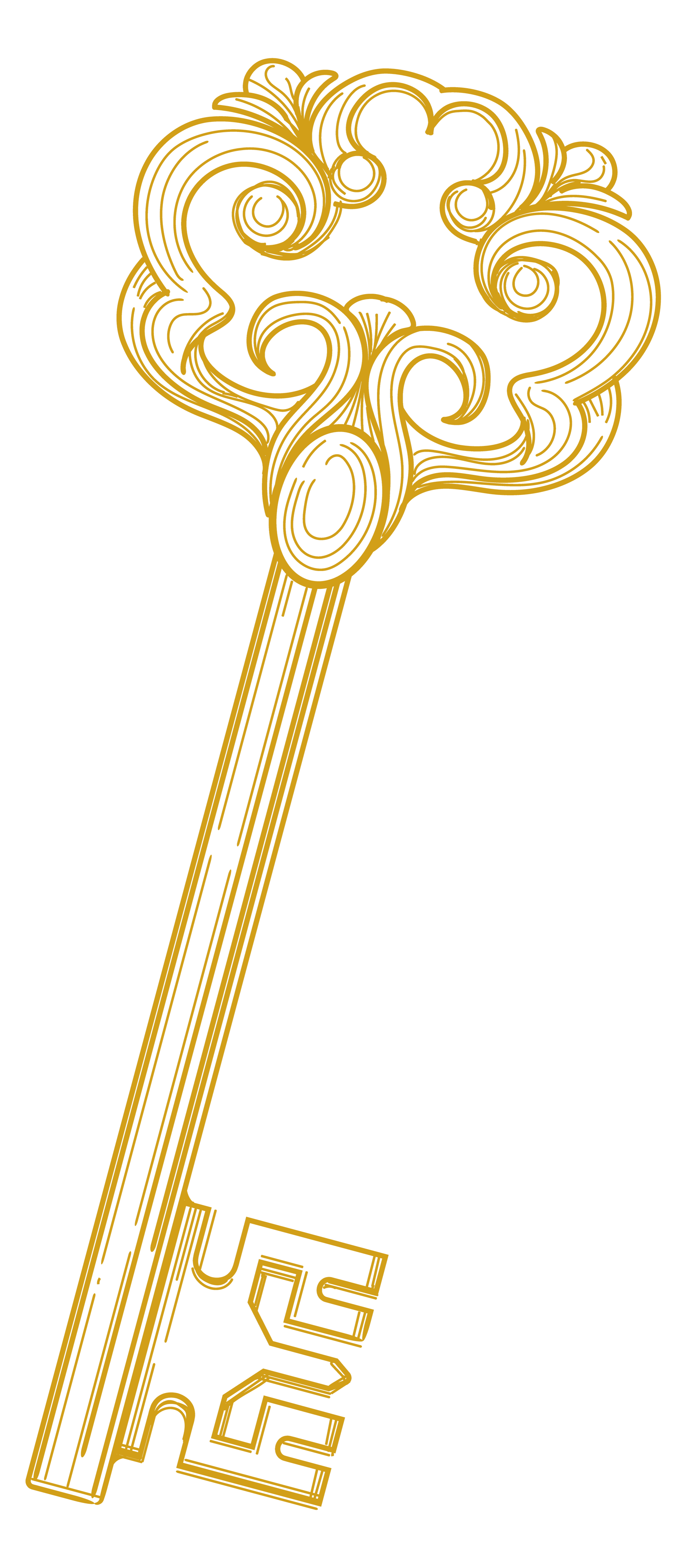 A gold key with a fancy design on it is on a white background.