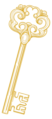 A gold key with a fancy design on it is on a white background.