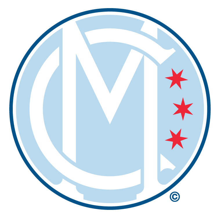 A blue and white logo with the letter m and three red stars