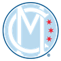 A blue and white logo with the letter m and three red stars
