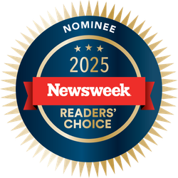 A badge that says ' nominee newsweek readers ' choice ' on it