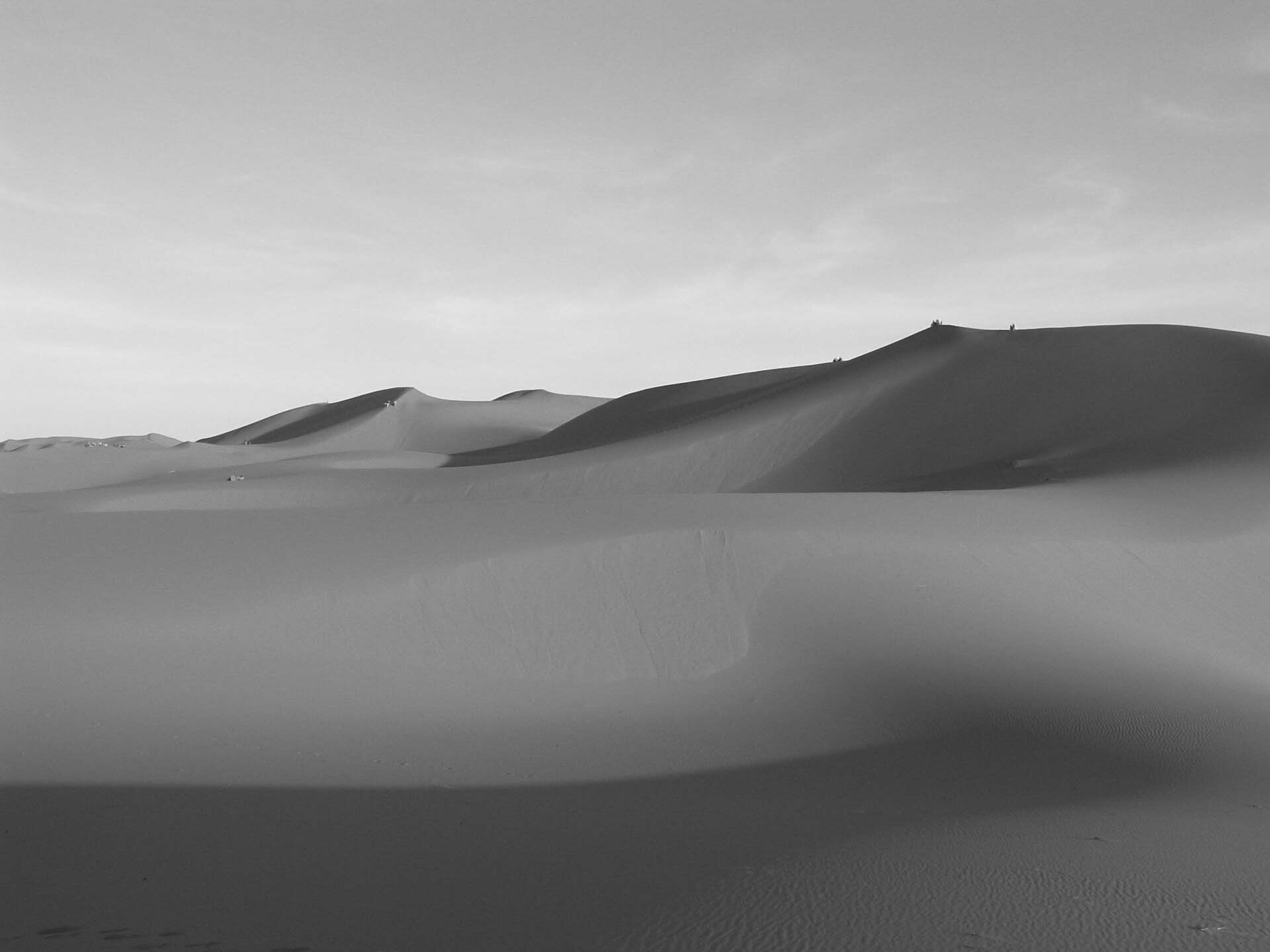 A black and white photo of a desert with mountains in the background.