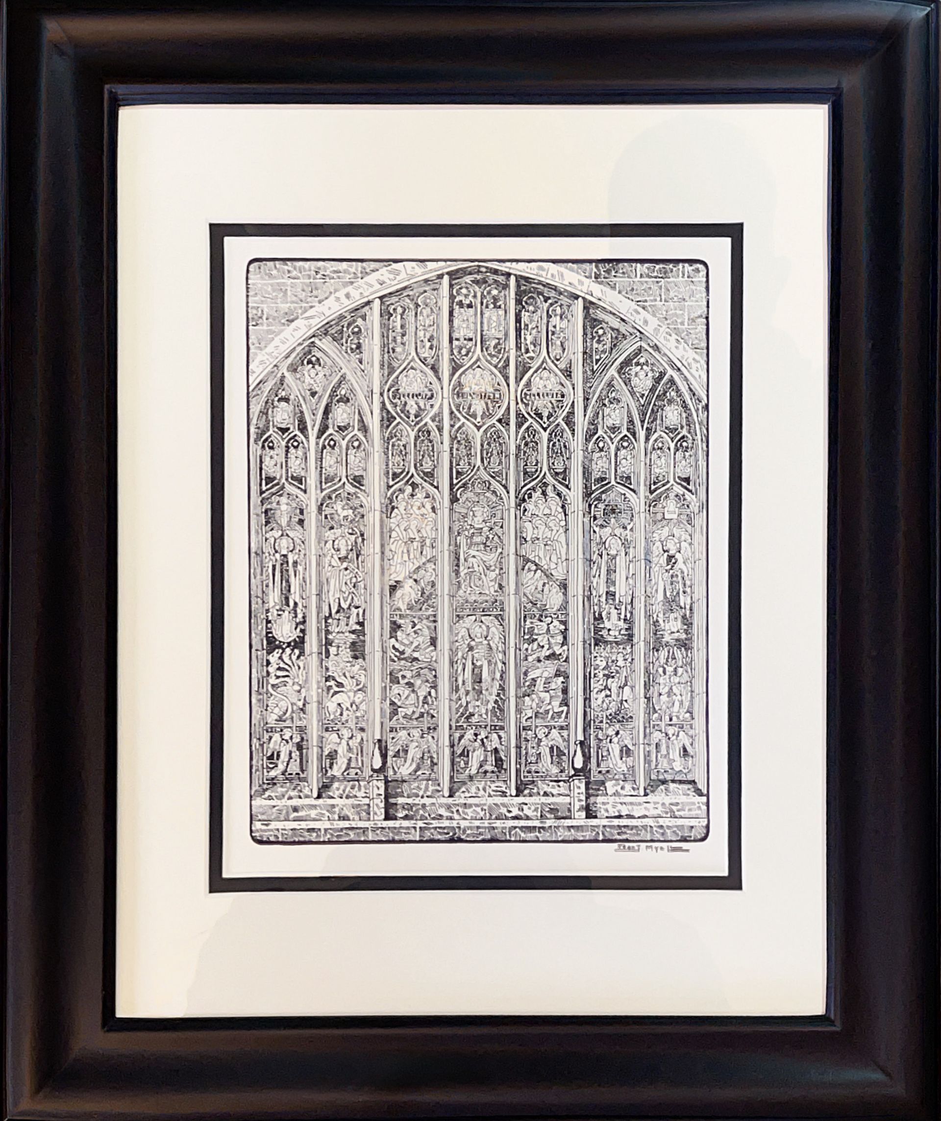 A black and white drawing of a stained glass window in a black frame