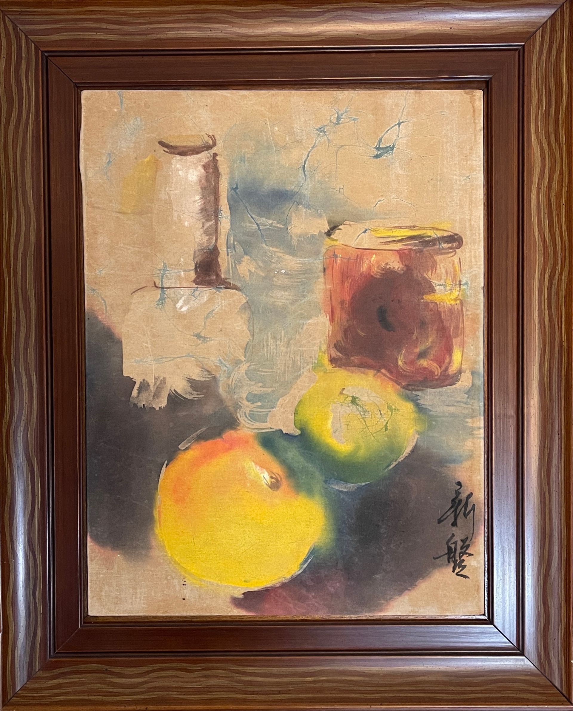 A framed painting of apples and a jar on a table.