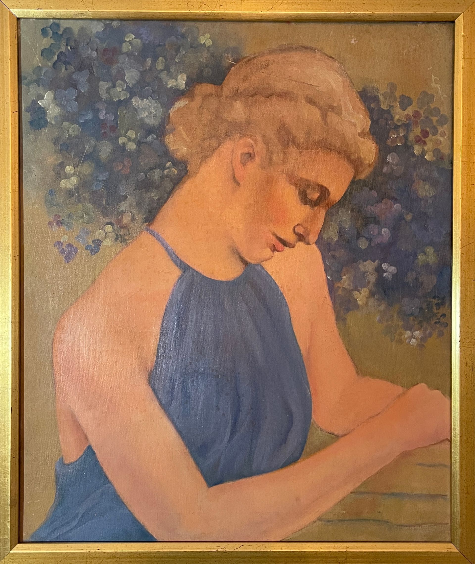A painting of a woman in a blue dress