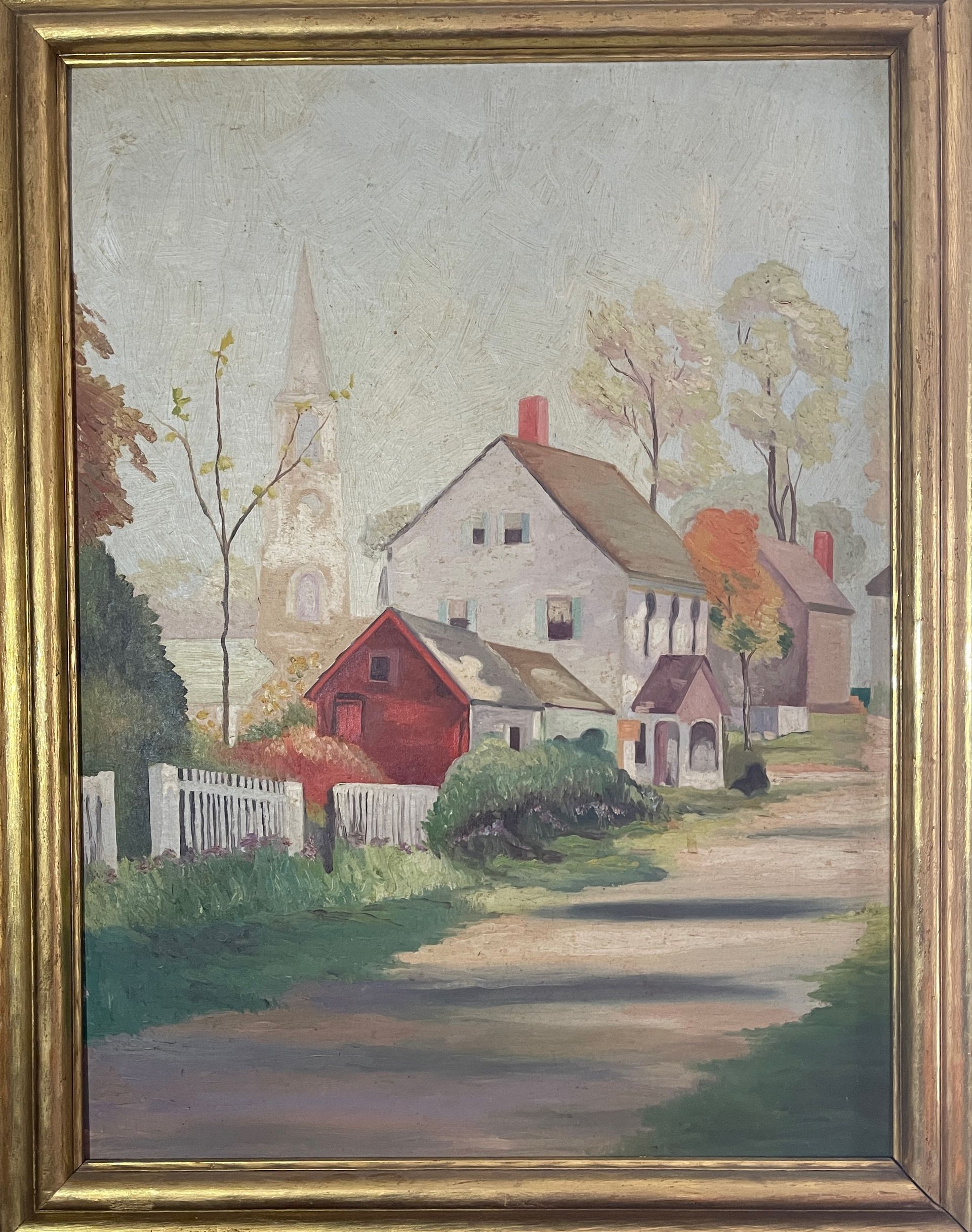 A painting of a road with houses and a church in the background