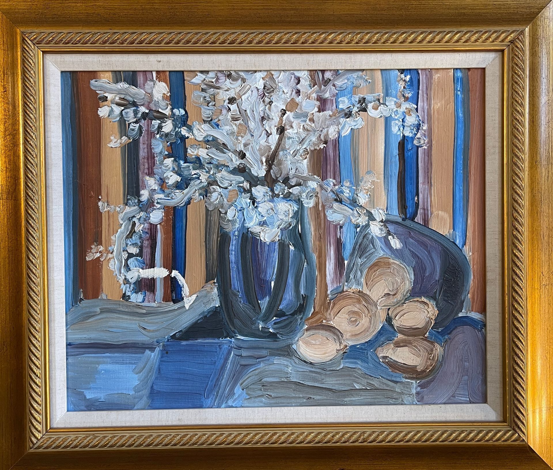 A painting of flowers in a vase on a table