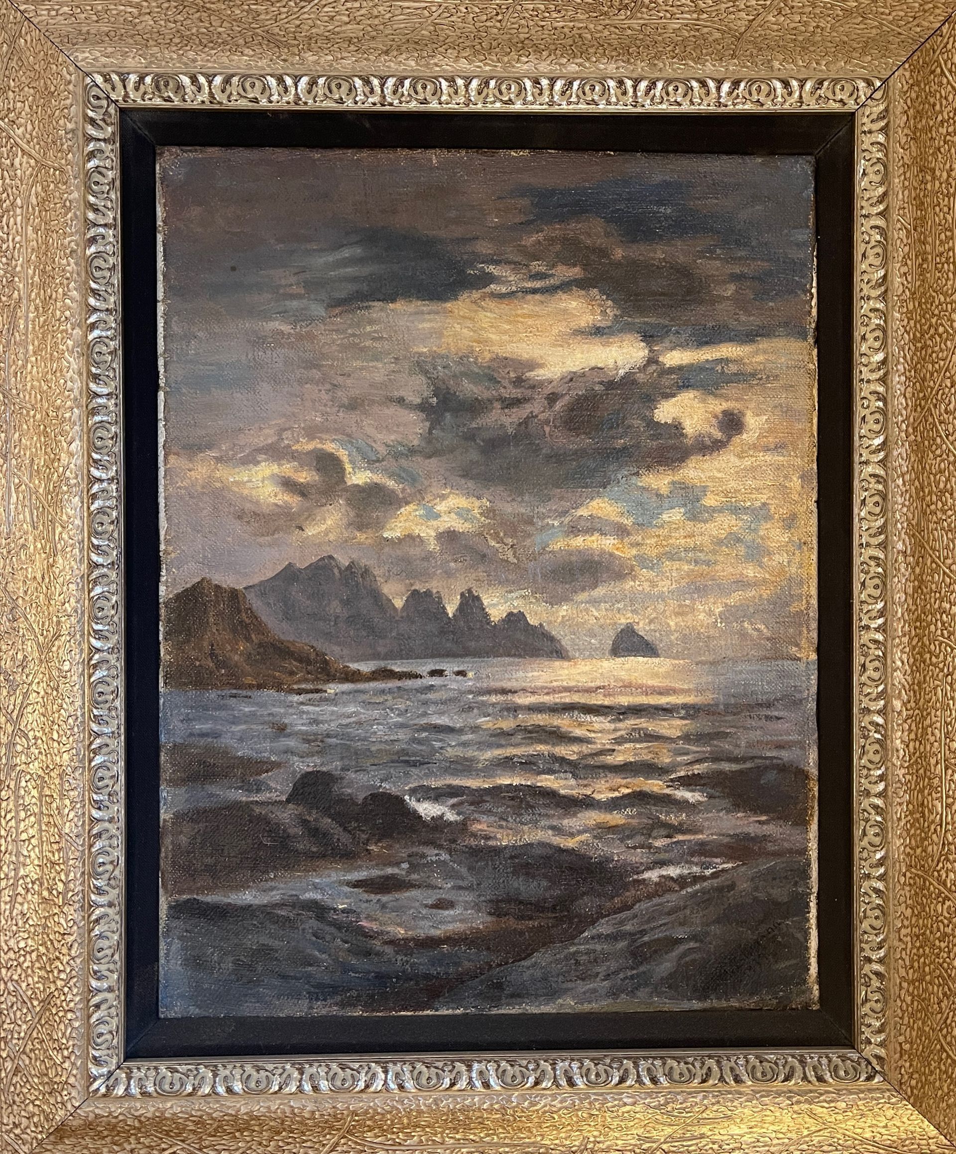 A painting of a seascape with mountains in the background is in a gold frame.