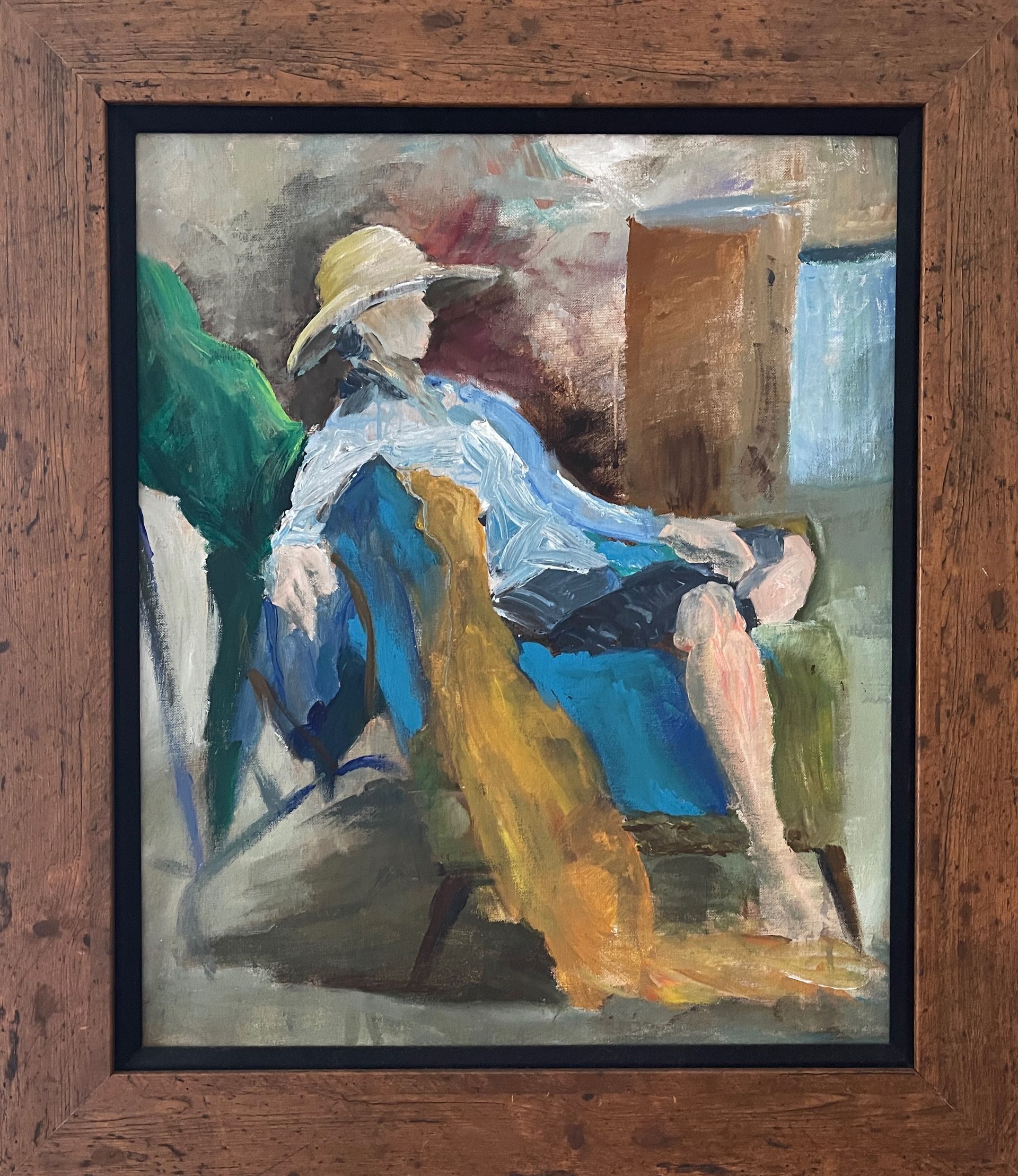 A painting of a woman sitting in a chair with a hat on.