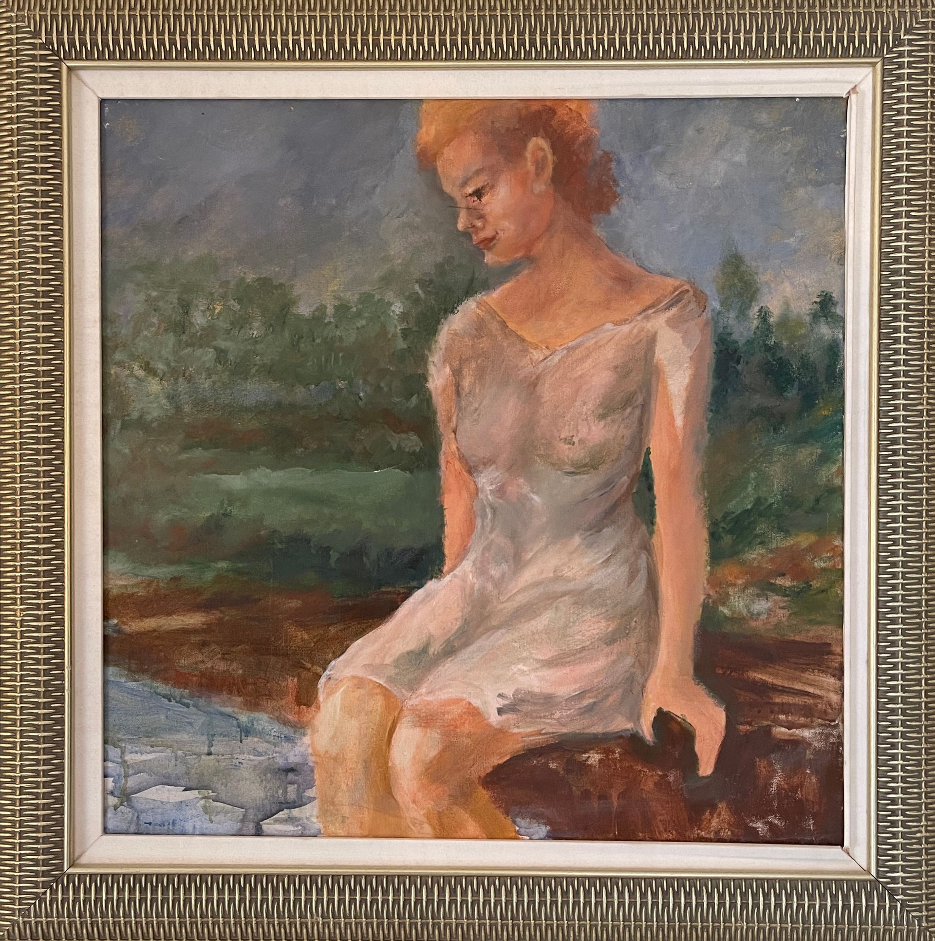 painting of woman in white dress