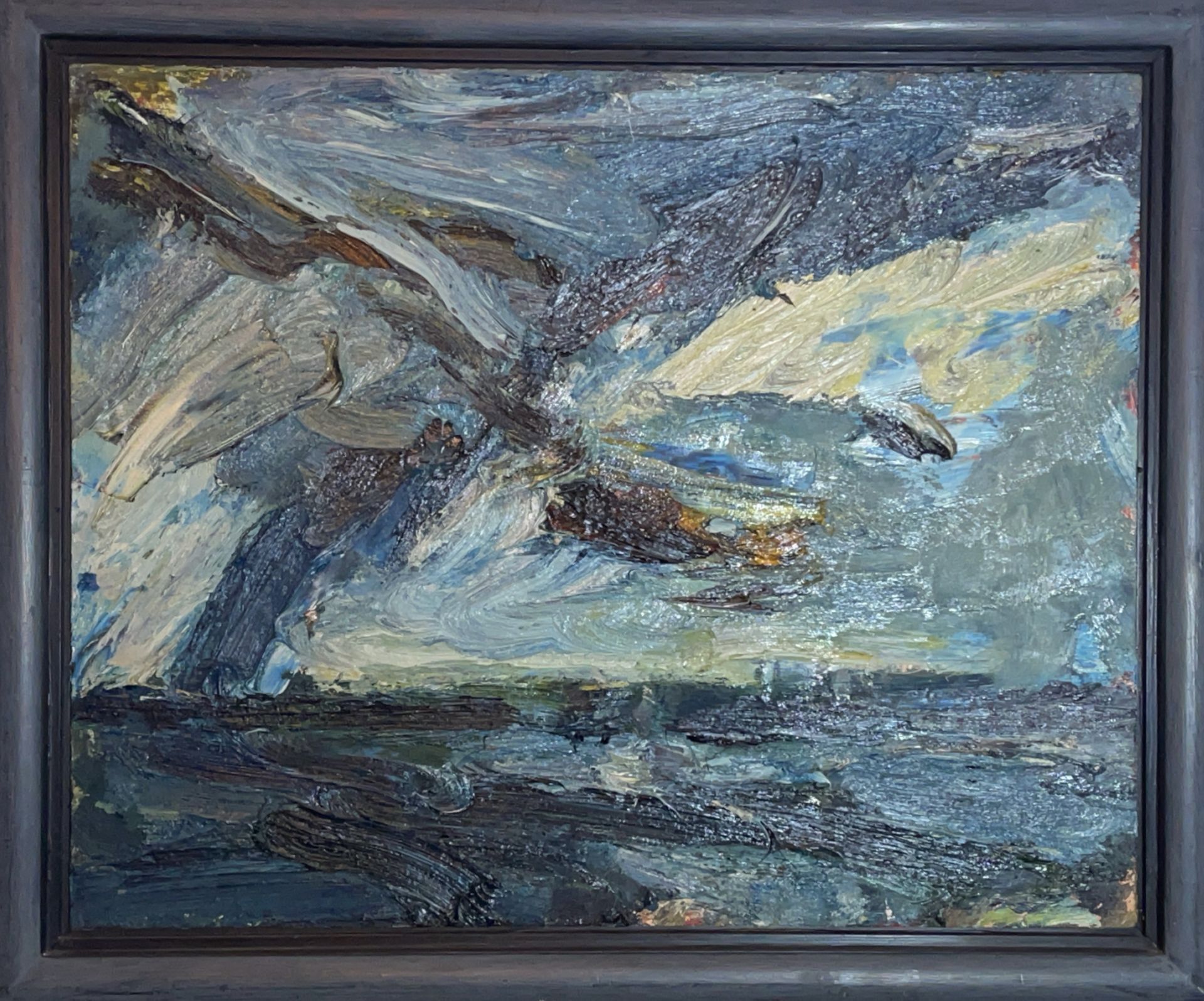 A painting of a seagull flying over a body of water.