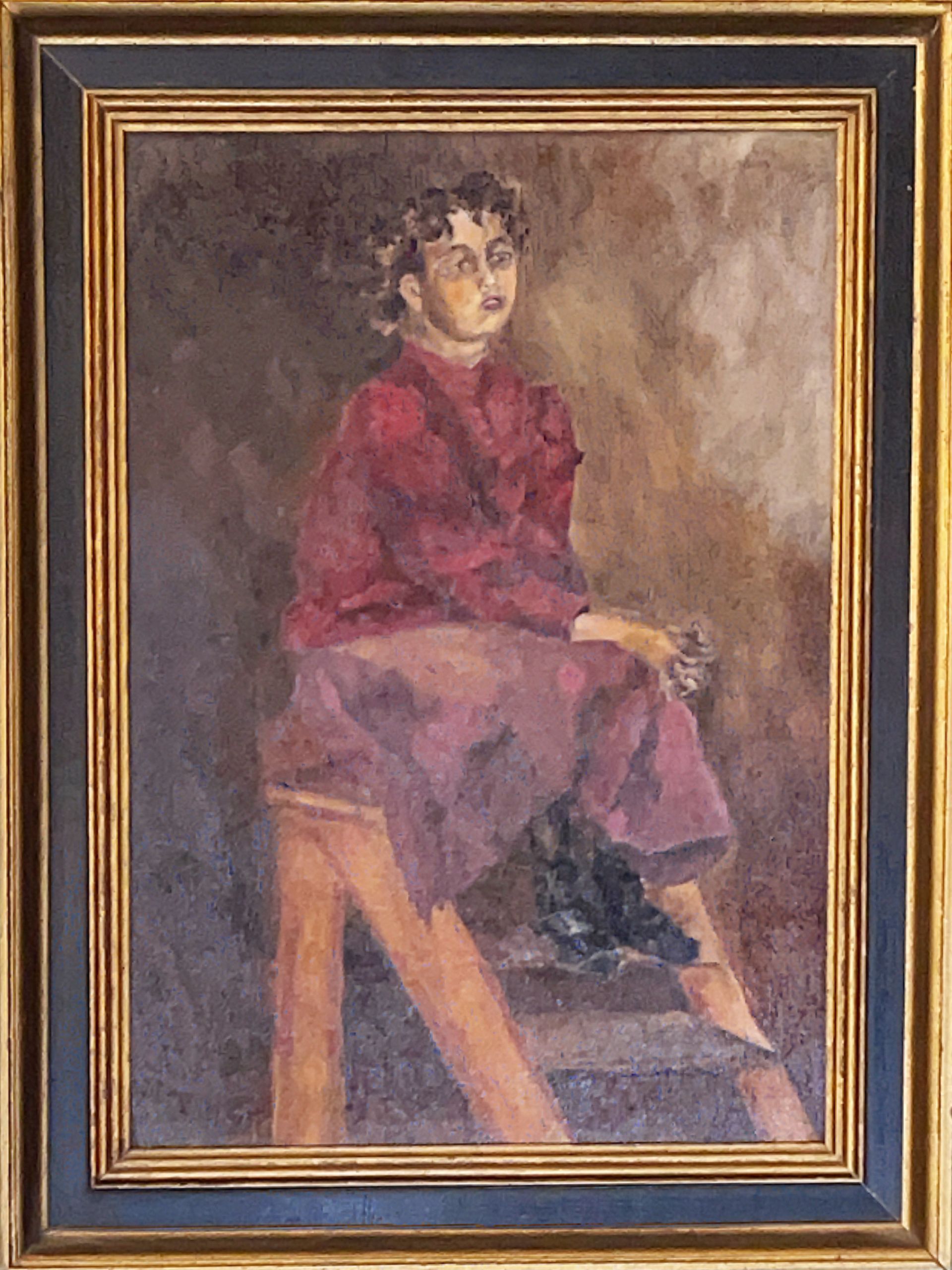 A framed painting of a woman sitting on a stool