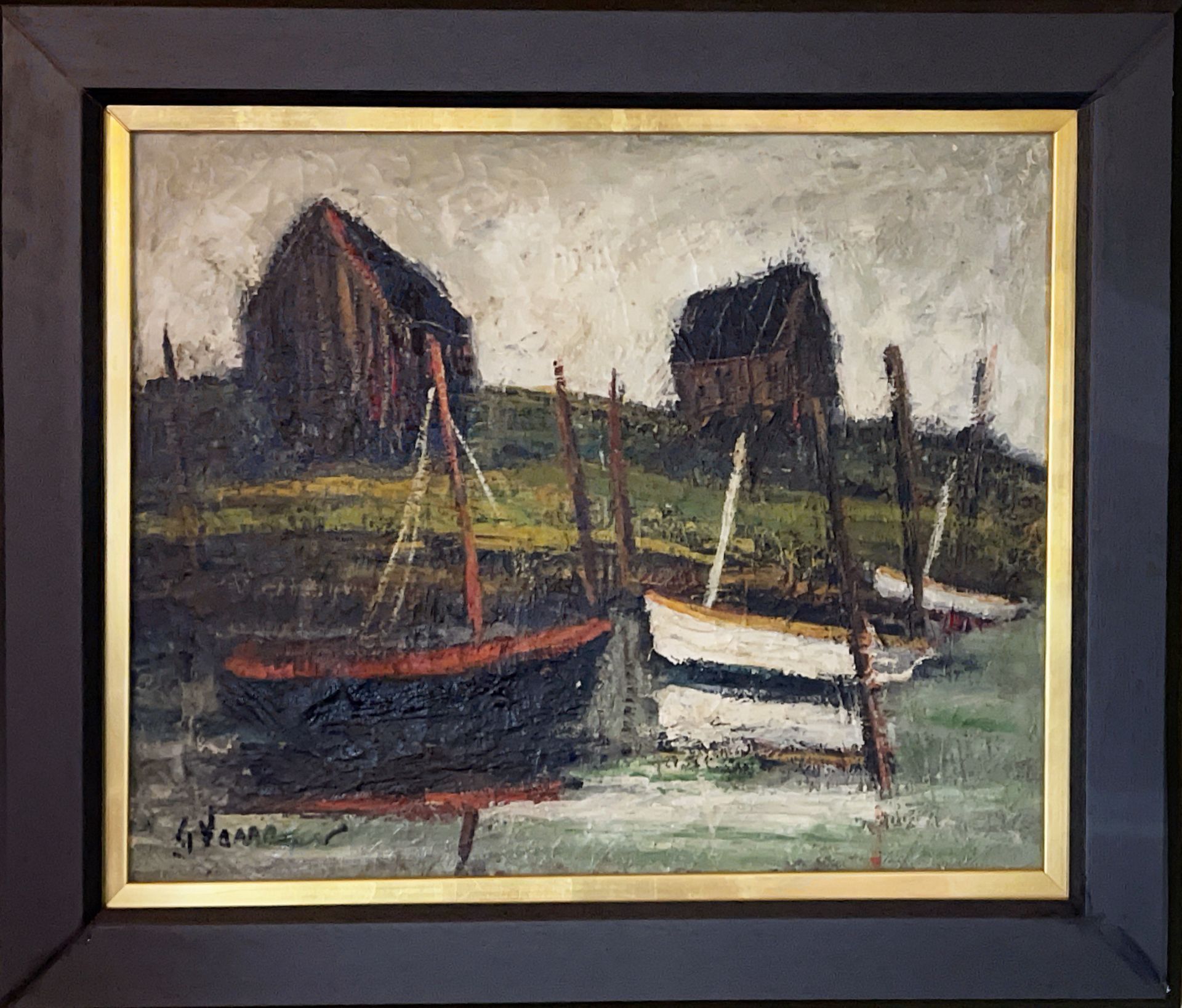 A framed painting of three boats in a harbor