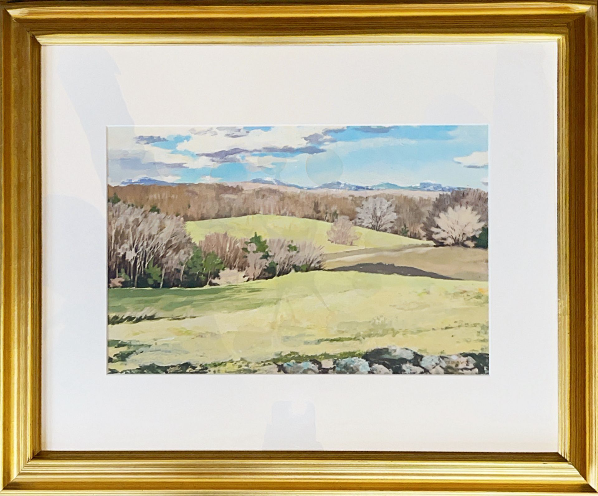 A framed painting of a field with trees in the background