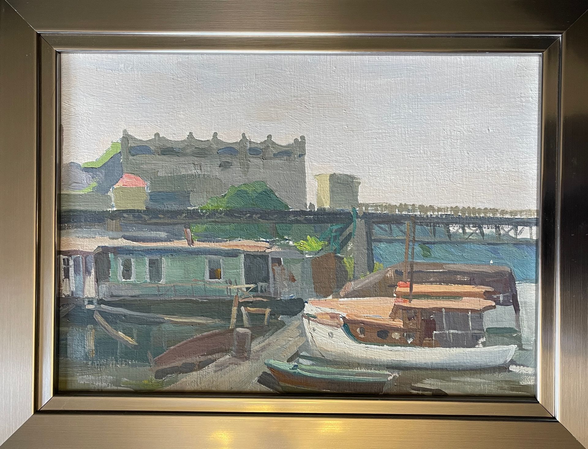 A painting of boats in a harbor with a bridge in the background.