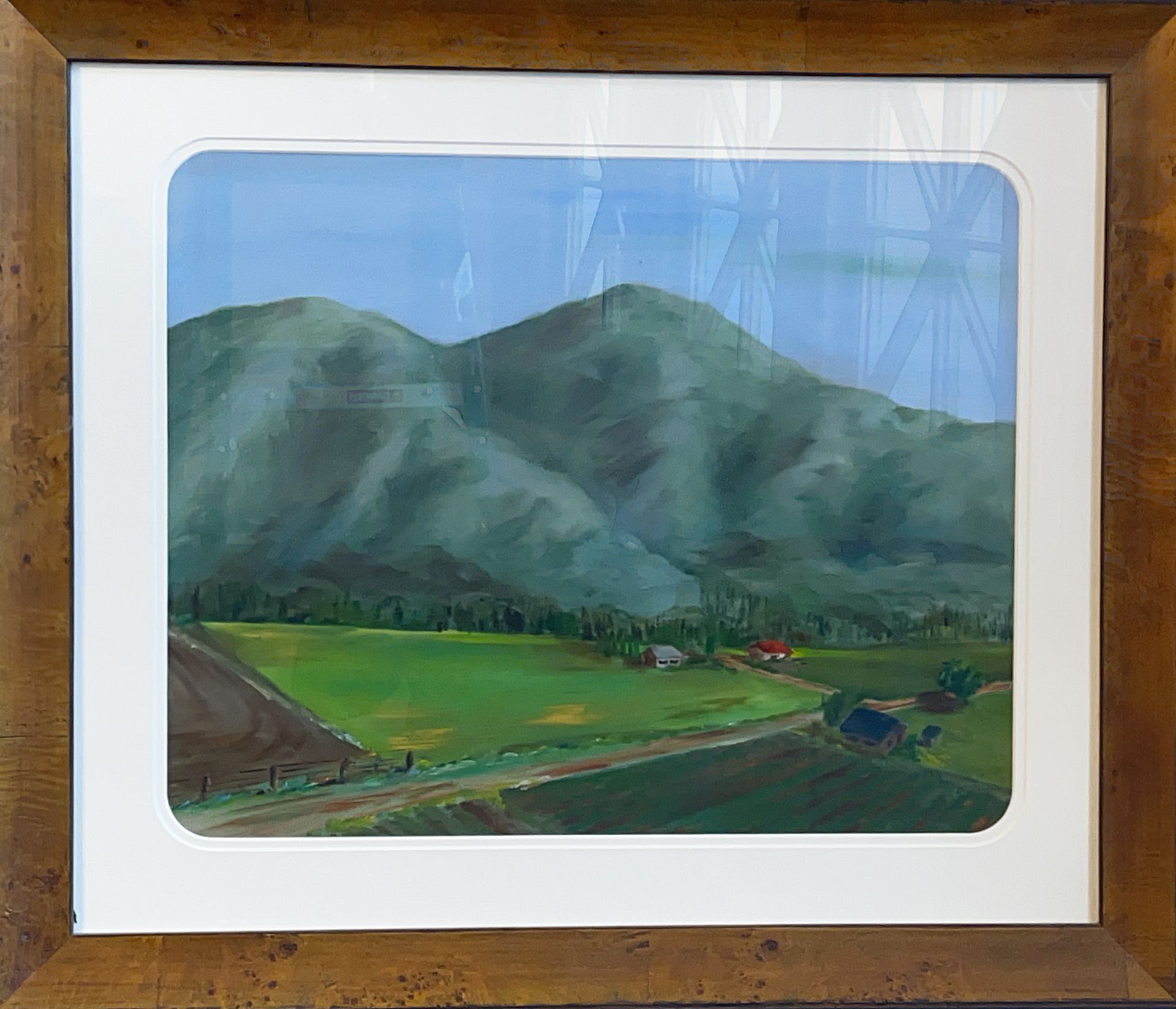 A framed painting of a landscape with mountains in the background