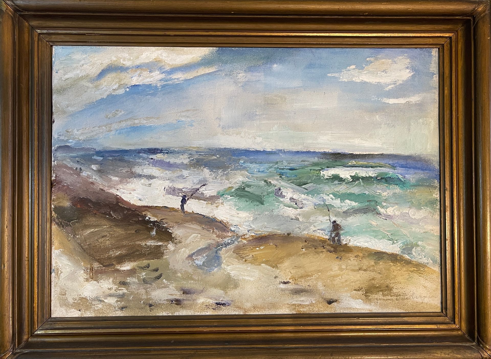 A painting of a man standing on a cliff overlooking the ocean