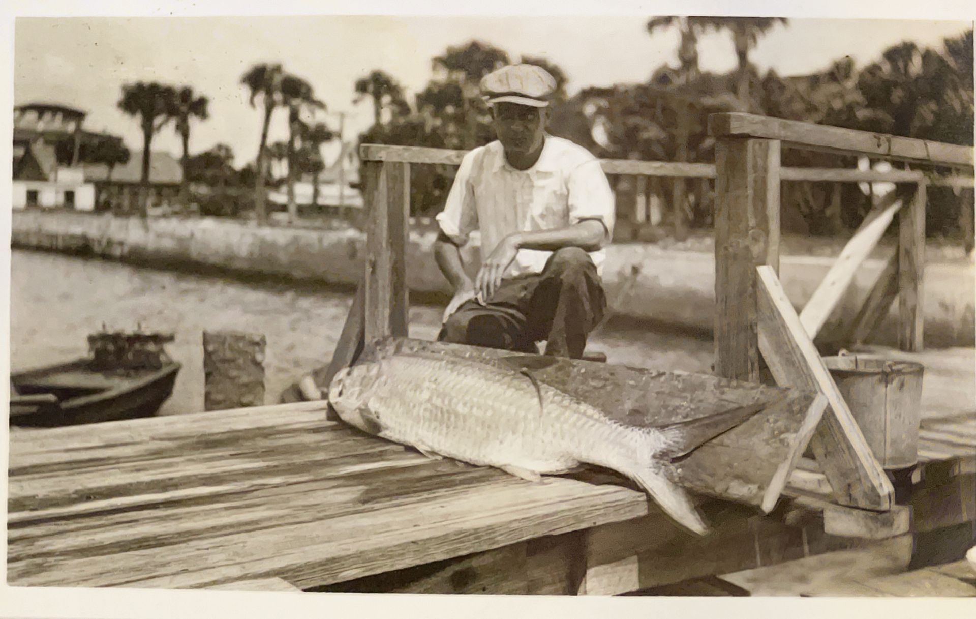 A man is sitting on a dock holding a large fish