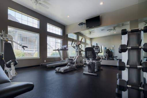 Gym with workout machines, a mirror, and dumbbells.