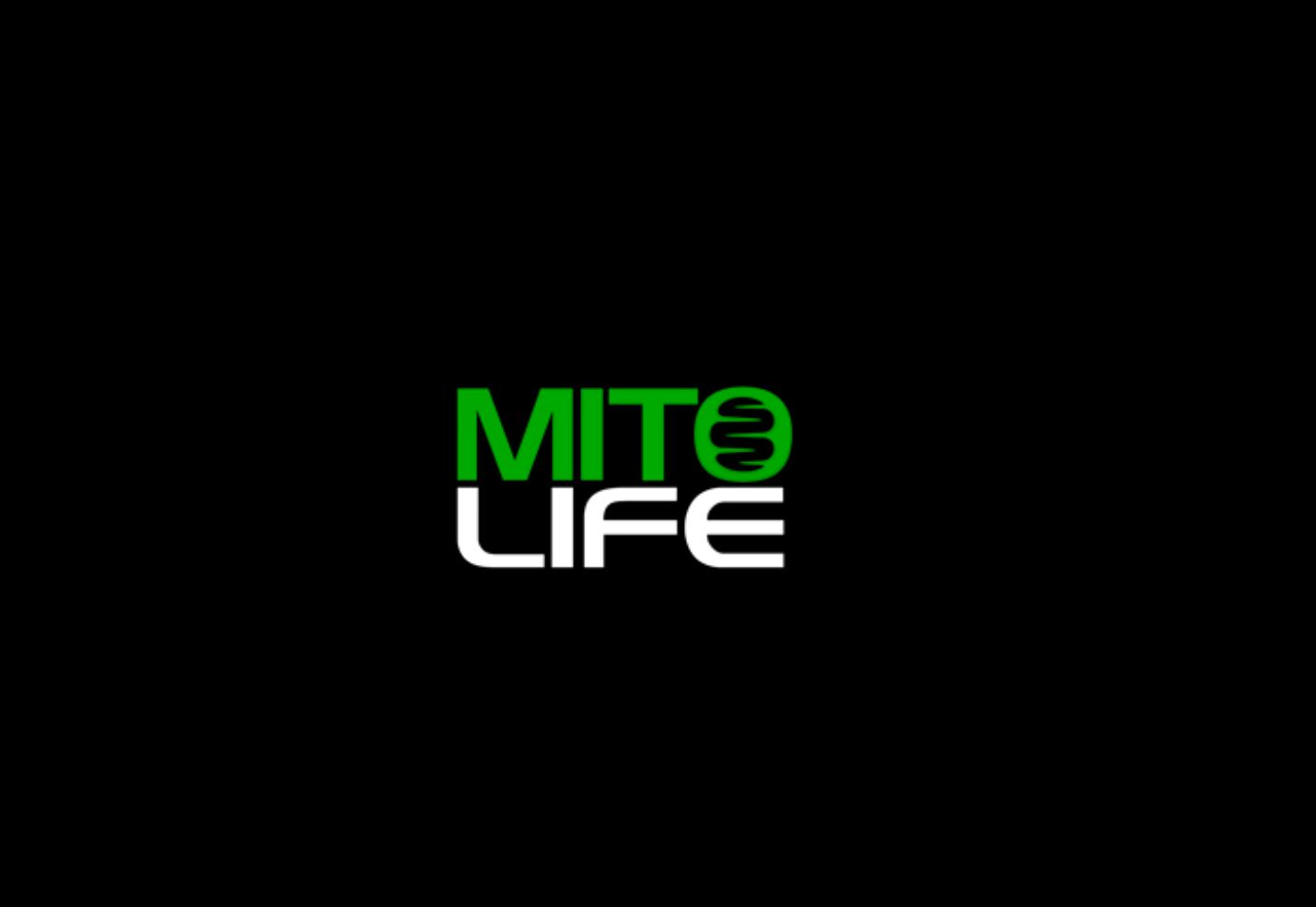 A green and white mito life logo on a black background