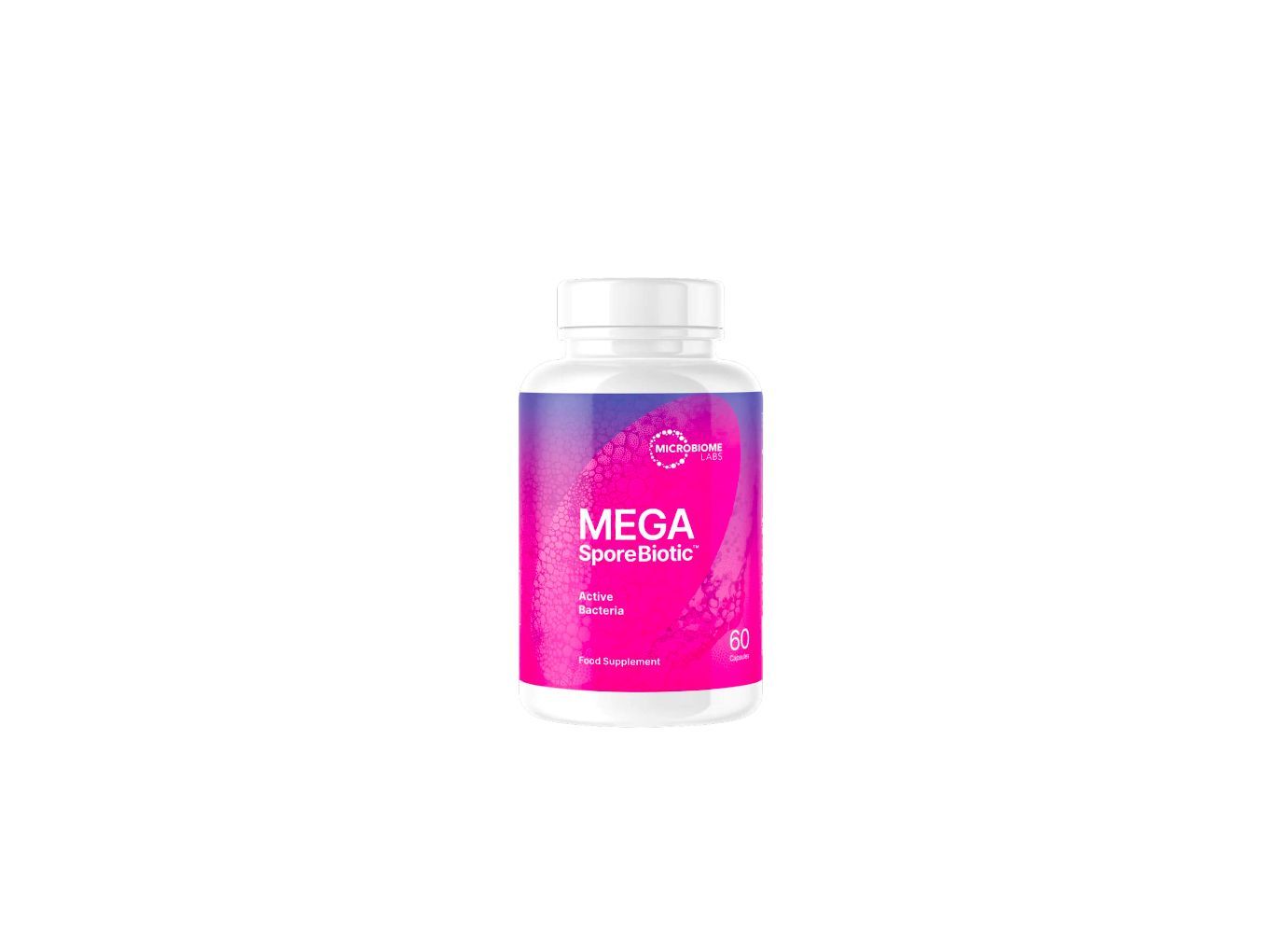 A bottle of mega capsules on a white background.