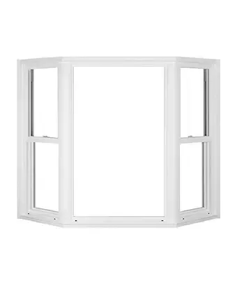 A white bay window with three windows on a white background.