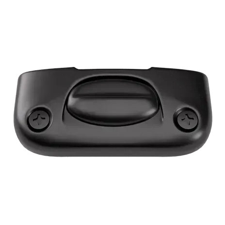 A black sliding door latch with two screws on a white background.