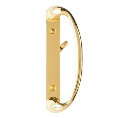 A close up of a gold door handle on a white background.