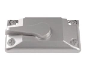 A close up of a stainless steel window latch on a white background.